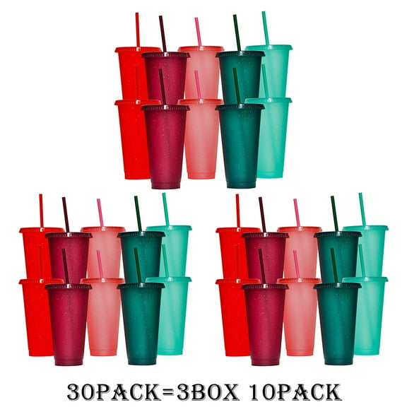 30 Pack Fashionable Plastic Cup 5 Dark Color Glitter with Lids and Green Straws-24oz Reusable Plastic Cup, Portable And Watertight
