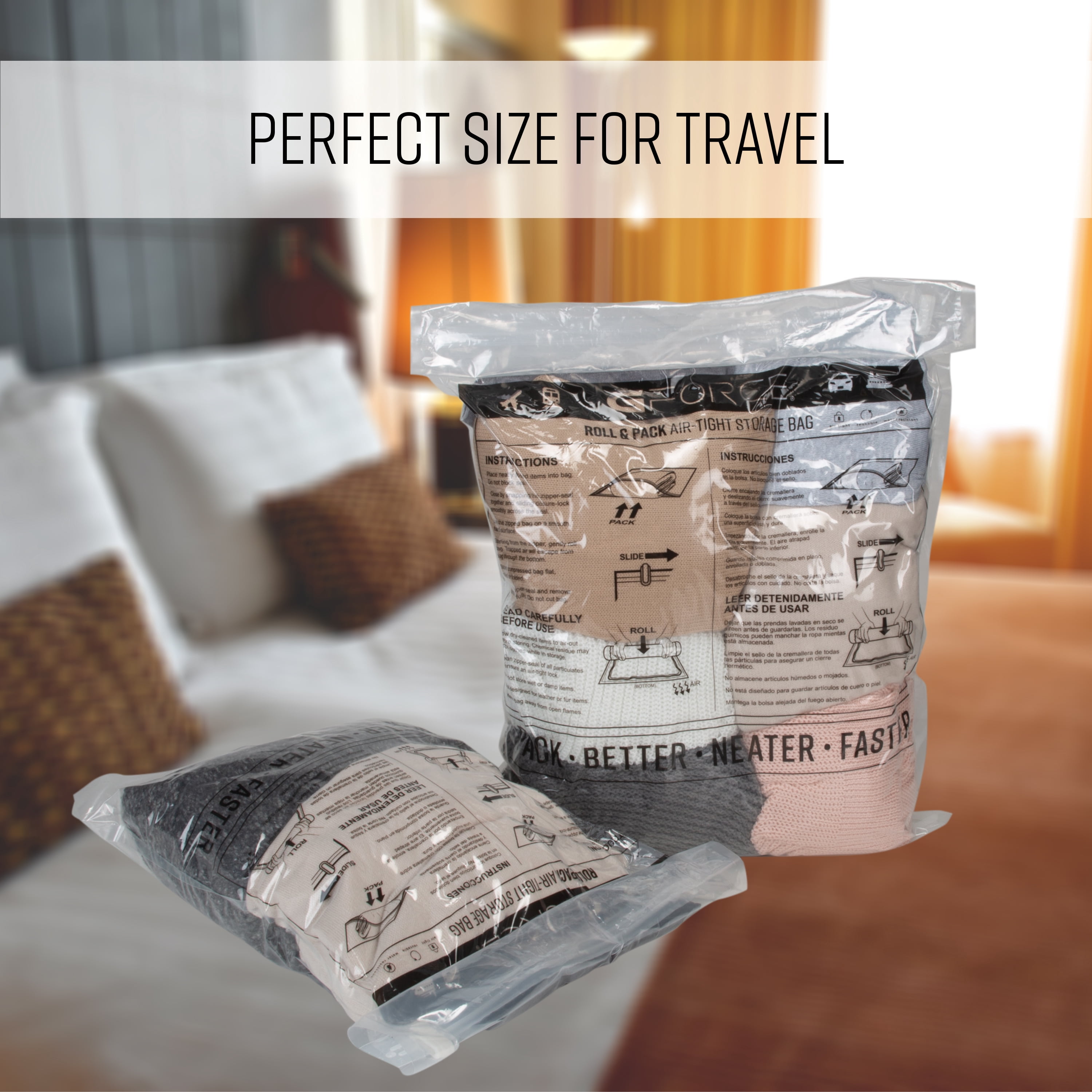 G-Force 2 Pack Roll N Stow Plastic Airtight Travel Packing Bags in Clear