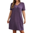 thumbnail image 2 of IUYRTFE Women Solid Color Short Sleeve V Neck Ribbed Dress Casual Loose Fit Summer Mini Dress, 2 of 6