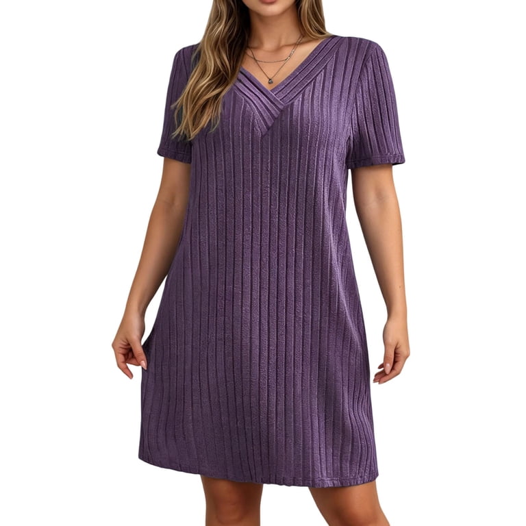 plus size bodycon t shirt dress Uscallm Women's Summer V Neck Short Sleeve Ribbed Knit Casual Mini Loose Fit Vacation Basic Sundress, Purple 3XL Womens dresses