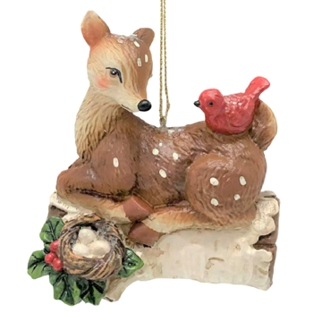 Holiday Time Plastic Deer with Bird Ornament. Cottage Theme. Deer Brown Color.
