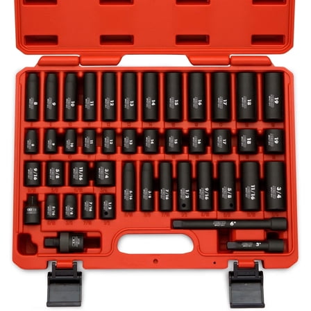NEIKO 02440A 3/8-Inch-Drive Impact Socket Set, SAE Sizes 5/16" to 3/4" and Metric Sizes 8 mm to 19 mm, Includes Extension Bars and U-Joint, 44 Pieces