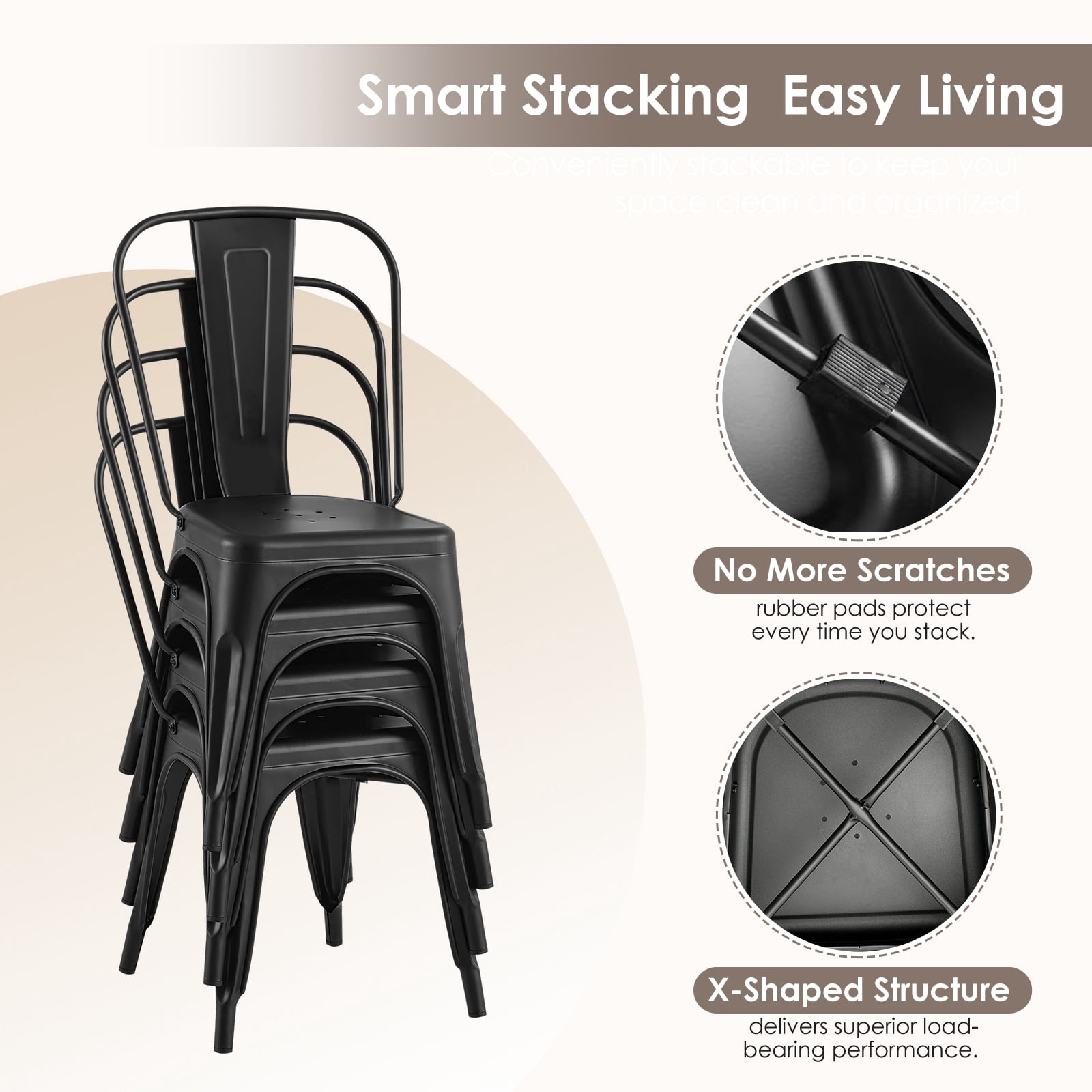 Rivbuio Heavy Duty Metal Dining Chairs Set of 2, Stackable Tolix Style with X-Brace, Commercial Bistro Chair for Restaurant/Kitchen/Patio - Gloss Black