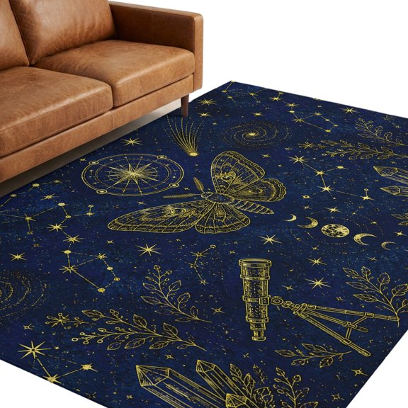Fantasy Night Sky Area Rug 5x7ft Mythical Butterfly Moth Moon Phase Star Navy Blue Non-Slip Washable Rectangle Rugs Soft Felt Indoor Floor Mat for Bedroom Kitchen Living Room Bathroom