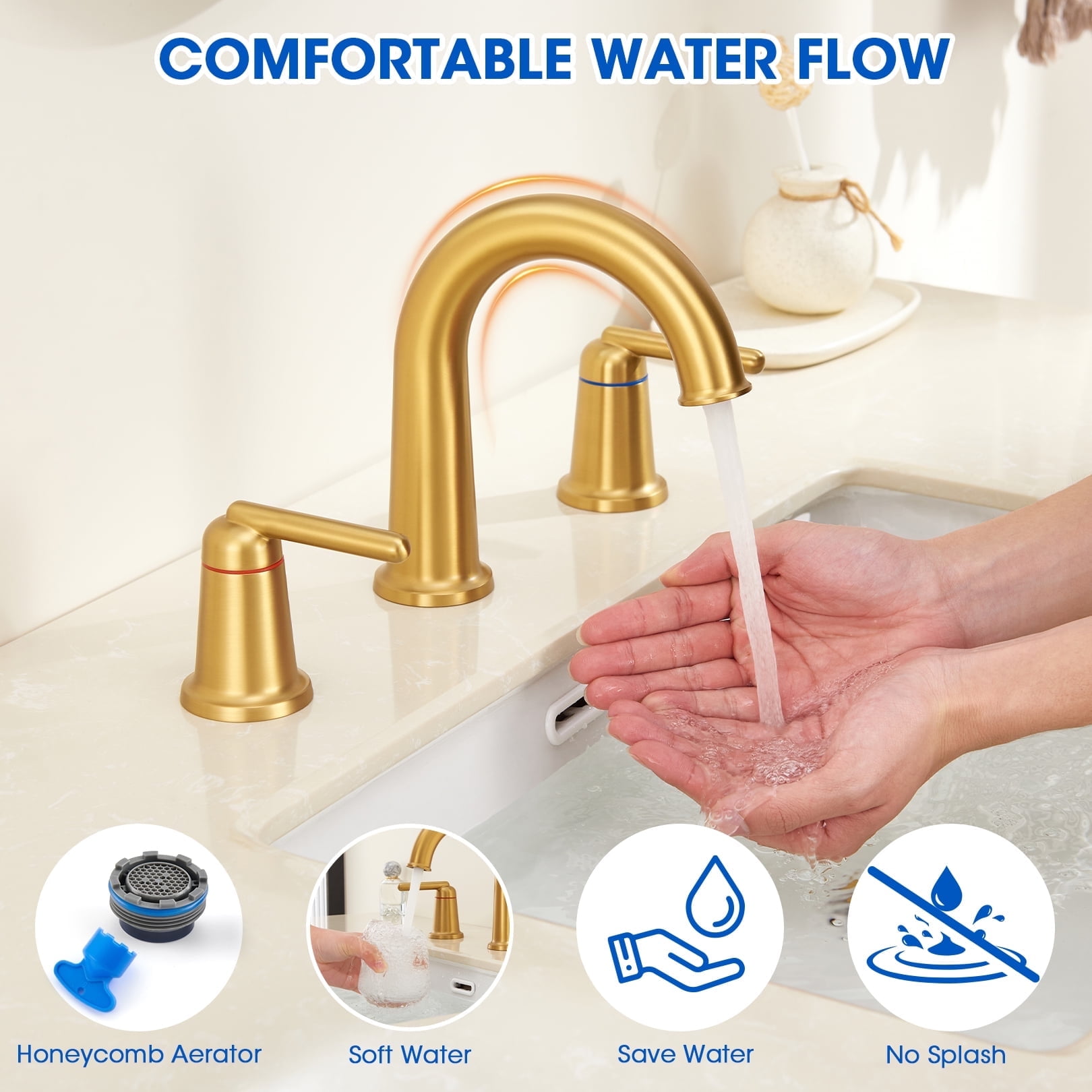 Wowkk Sanitary Ware Brass Bathroom Sink Faucet 2 Handles Widespread Bathroom Faucet 3 Hole, Pop-Up Drain and cUPC Supply Lines Included, Basin Faucets for Vanity Rv Restroom, Brushed Gold