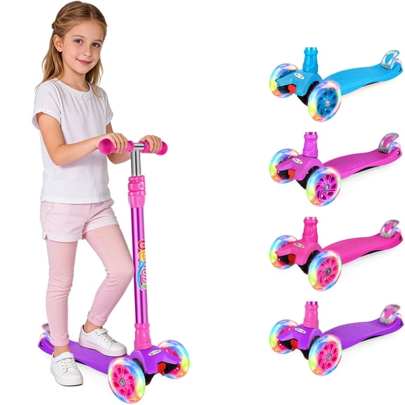 BELEEV Scooters for Kids, 3 Wheel Kick Scooter for Toddlers, 4 Adjustable Height, Lean to Steer, Light up Wheels, Extra-Wide Board for Ages 3-14, Pink Purple