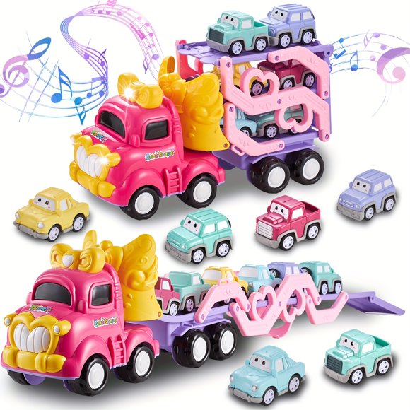 MesaSeCA Upgraded Toddler Toy Car Set|7 In 1 Pink Princess Foldable TransportCar Truck Baby|Lights & Music|3 Tier Transformable Carriage Set