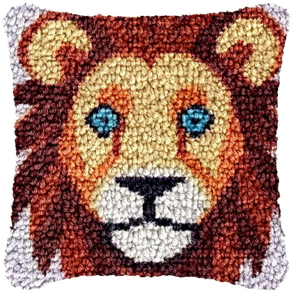 Cartoon Lion Latch Hook kits Pillow Printed Canvas Cushion Crochet Yarn Needlework Hook Latch Kit DIY Embroidery Pillowcase Rug Cover Home Sofa Christmas Decoration 43x43cm(1)