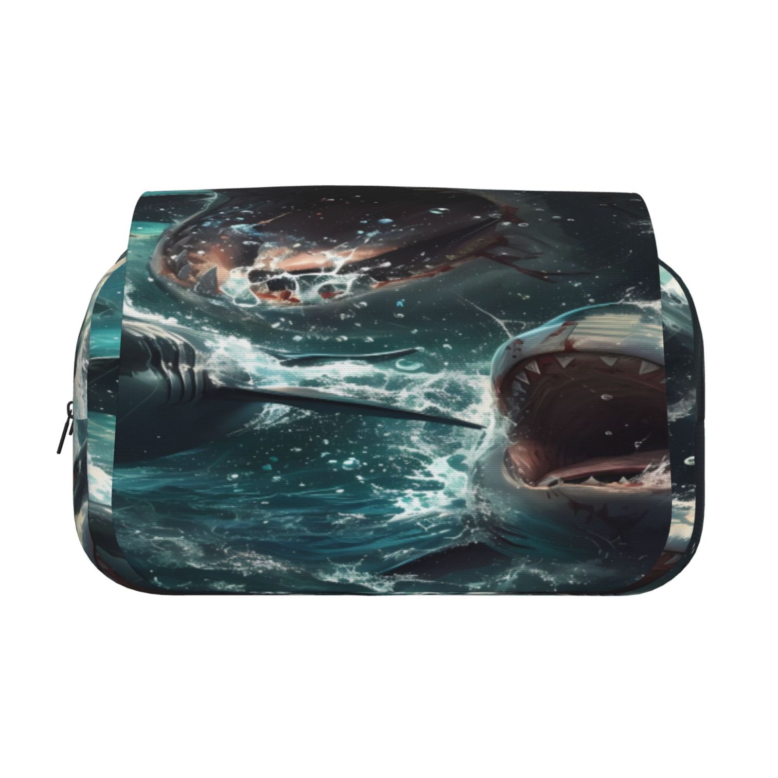 Rateoe Wave Ocean Animal Shark Pattern Double Clamshell Pen Case, Storage Organizer with Two Zipper Compartments– Holds Up to 50 Pencils & Pens