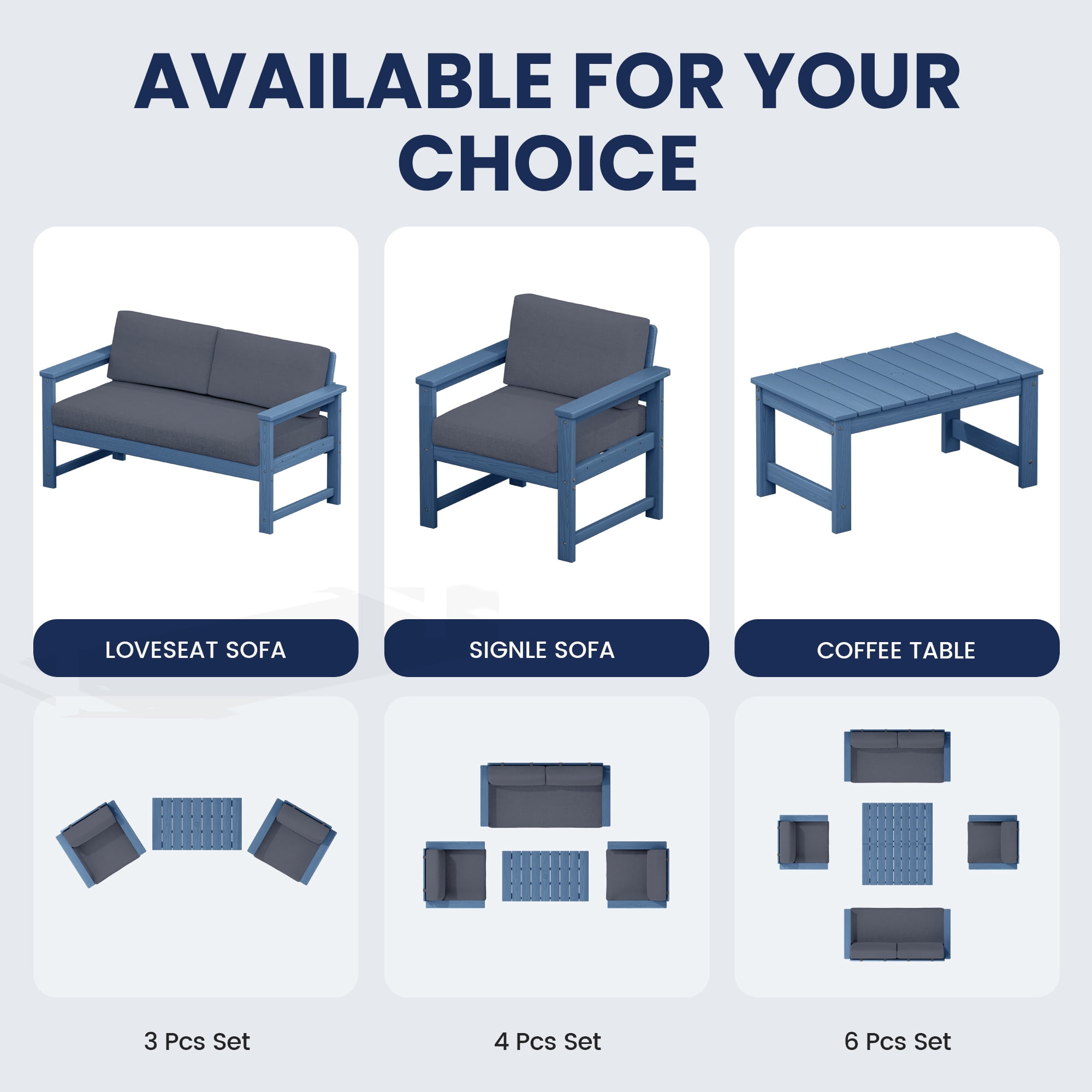 KINGYES 3 Pieces Outdoor Furniture Set, HDPE All Weather Use Conversation Couch Sets,2 Armchairs & 1 Coffee Table for Patio Backyard, Blue Frame with Gray Cushions
