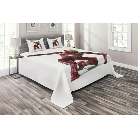 Superhero Coverlet Set, Robot Transformer Hero with Superpower in Costume Cyber Man Fun Character Print, Decorative Quilted Bedspread Set with Pillow Shams Included, White Maroon, by Ambesonne
