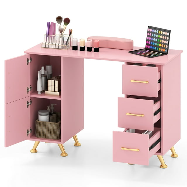 Gymax Manicure Table Nail Desk w/ Drawers Wrist Rest Metal Legs Nail Tech Station Pink