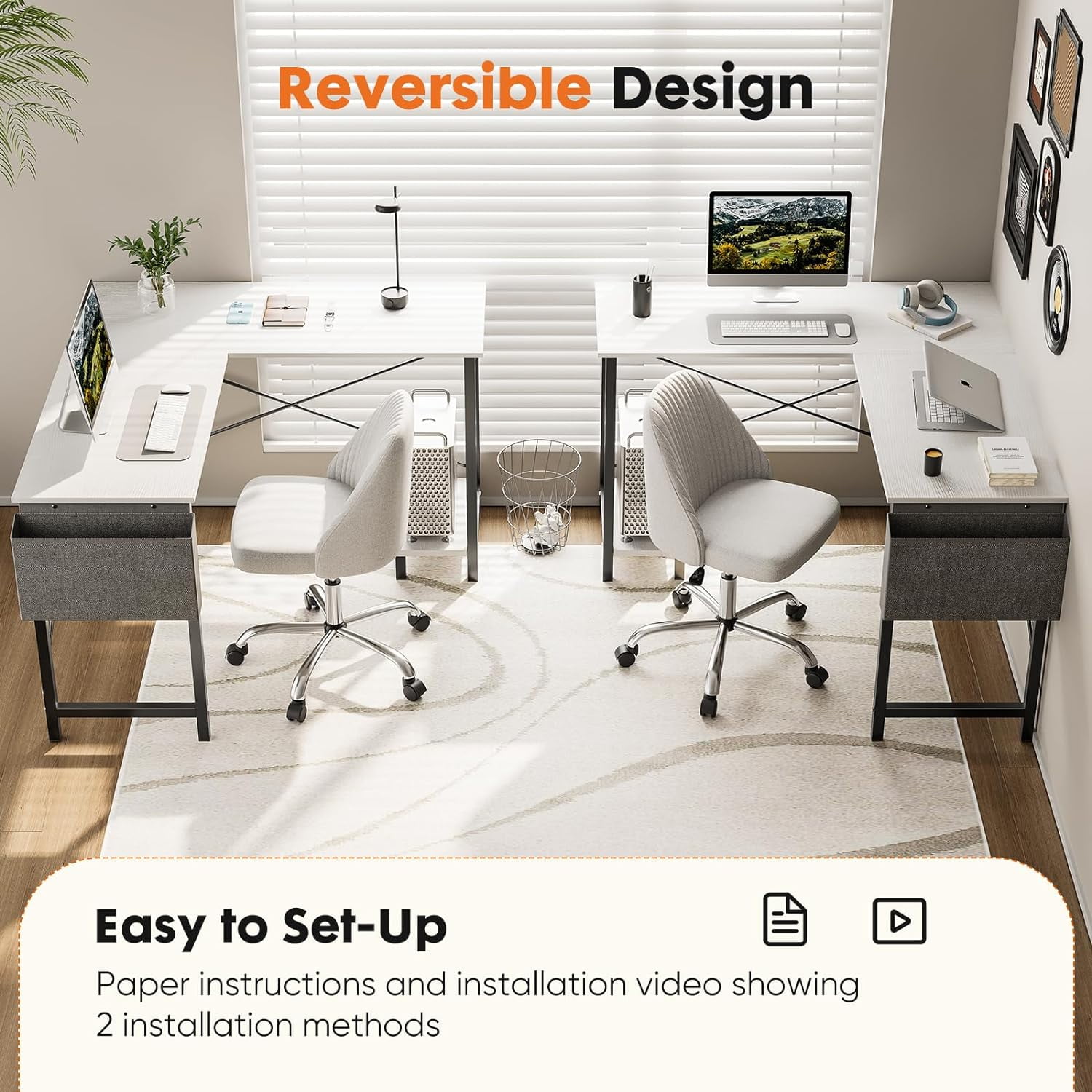 L Shaped Gaming Desk, 50 Inch Reversible Corner PC Work Table for Writing Study, Wood Tabletop and Metal Frame, CPU Stand Side Bag for Home Office Small Space, White