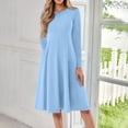 thumbnail image 2 of Kddylitq Long Sleeve Midi Dresses for Women 2024 Fashion Solid Color Pleated Dress Casual Plus Size Crewneck Dress with Pockets Light Blue S, 2 of 5
