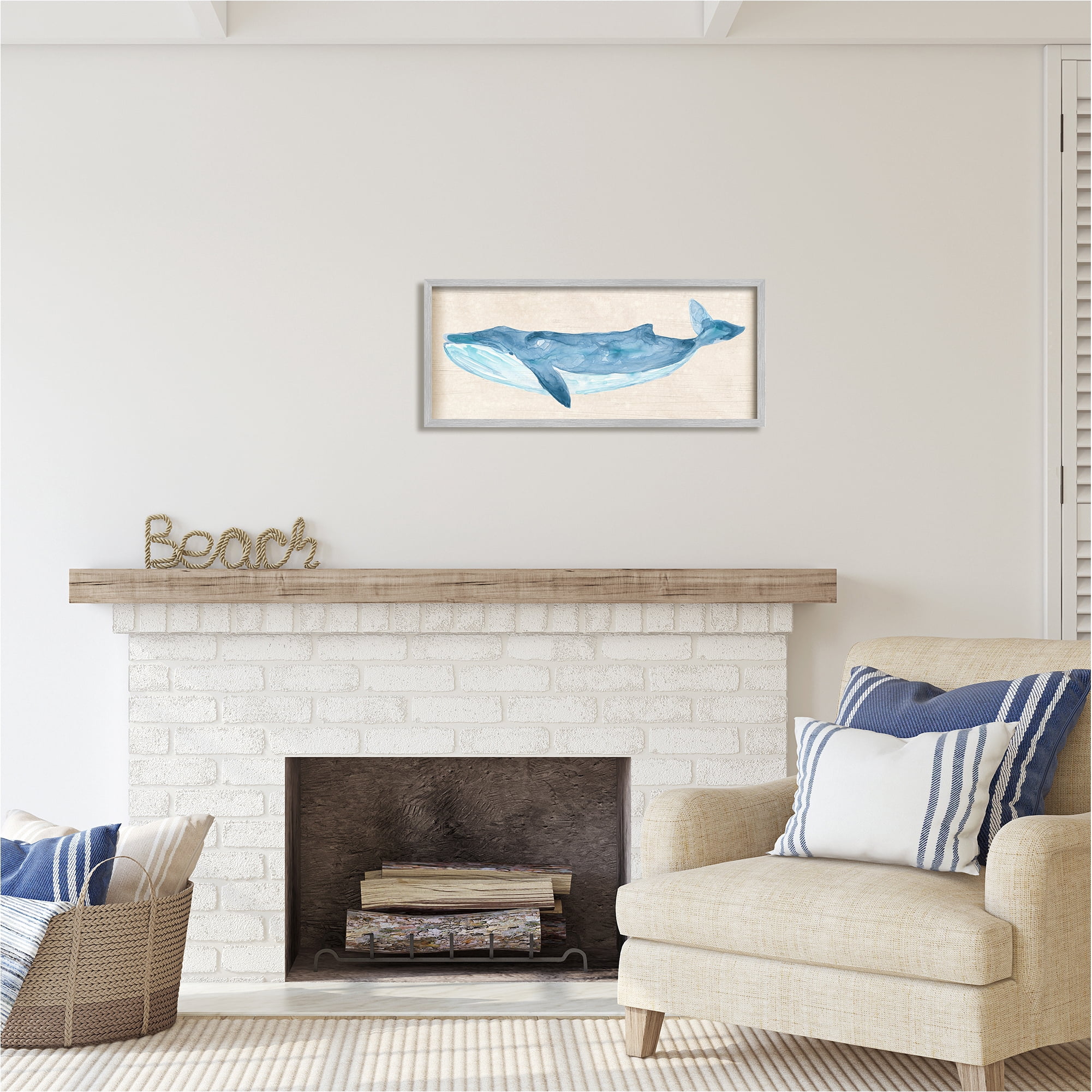 Stupell Industries Whale on Beige Animals & Insects Painting Gray Framed Art Print Wall Art, 30 x 13