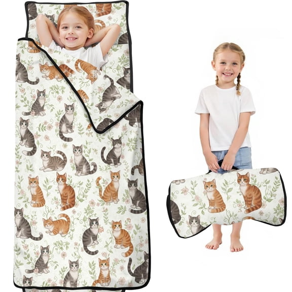 Multicolor Cat and Flower White Pattern Teens Toddler Nap Mat with Pillow, Sleeping Mat Bag for Preschool Daycare 59"x22"
