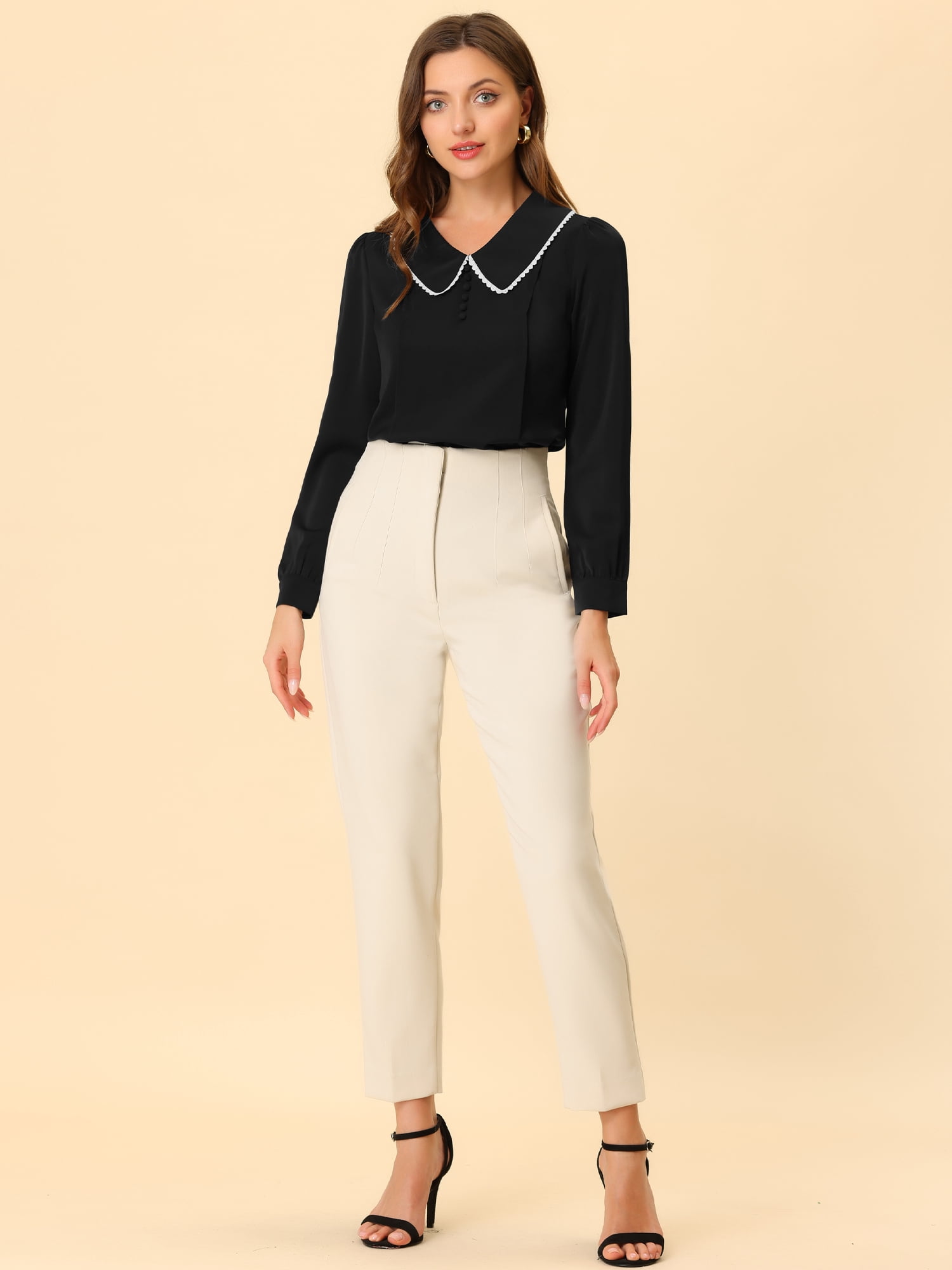 DARING DIVA Women's Peter Pan Collar Button Chiffon Blouse 2XL Black