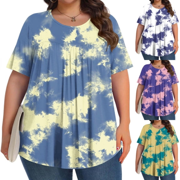 Vynhevius Women's Plus Size Crew Neck Short Sleeve Tops Pleated Front Casual Loose Fit Printed Summer Blouses Shirts