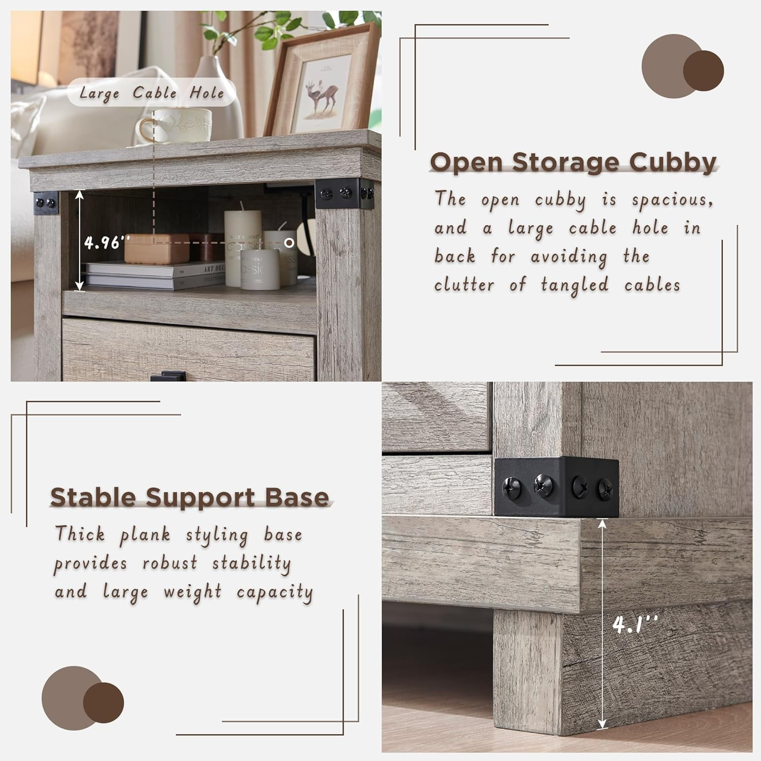 OKD Farmhouse 18" Nightstand with Charging Station, Rustic Metal Wood End Tables with Adjustable Shelves, End Tables，Light Rustic Oak