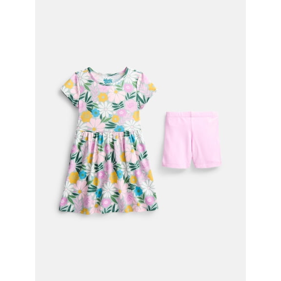 Wonder Nation Little Girls and Big Girls Play Dress with Short Sleeves and Shorts Set, 2 Piece, Sizes XS-XXL