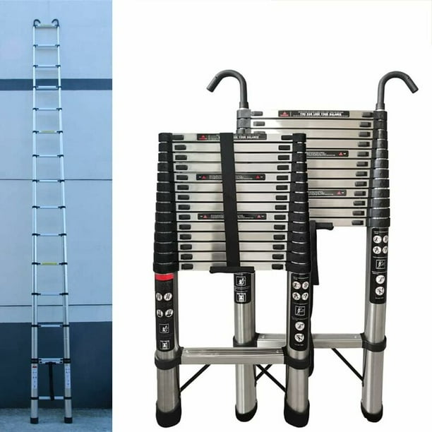 5M Telescopic Ladder Extension Ladder with 2 Detachable Hooks Stainless Steel Telescopic Extendable Ladder Roof Ladders for Home Compact Ladder