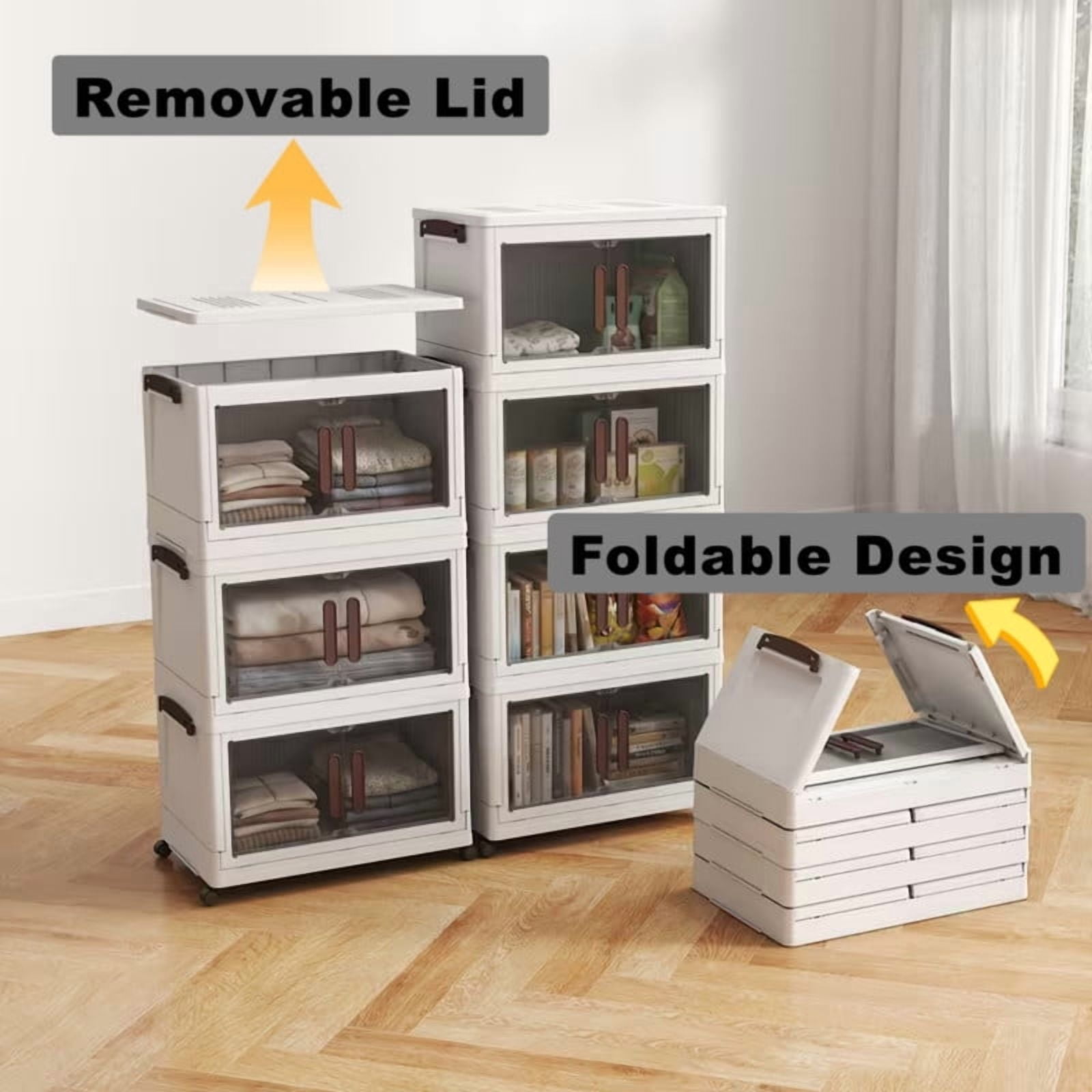 Howcool 3/4/5-Tier Stackable Storage Bins with Lid, Foldable Storage Box Cabinet with Wheels & Acrylic Doors