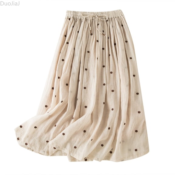 DuoJiaJ Women Cotton Linen Elastic Waist Long Maxi Skirt Beige L
