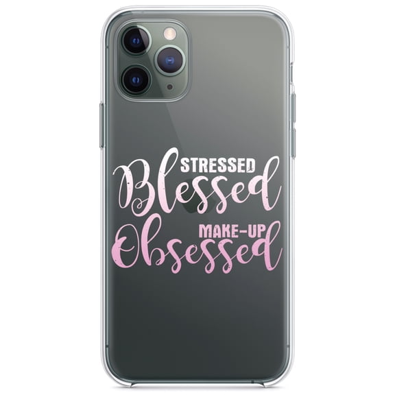 DistinctInk Clear Shockproof Hybrid Case for iPhone 11 Pro MAX (6.5" Screen) - TPU Bumper Acrylic Back Tempered Glass Screen Protector - Stressed Blessed Make Up Obsessed