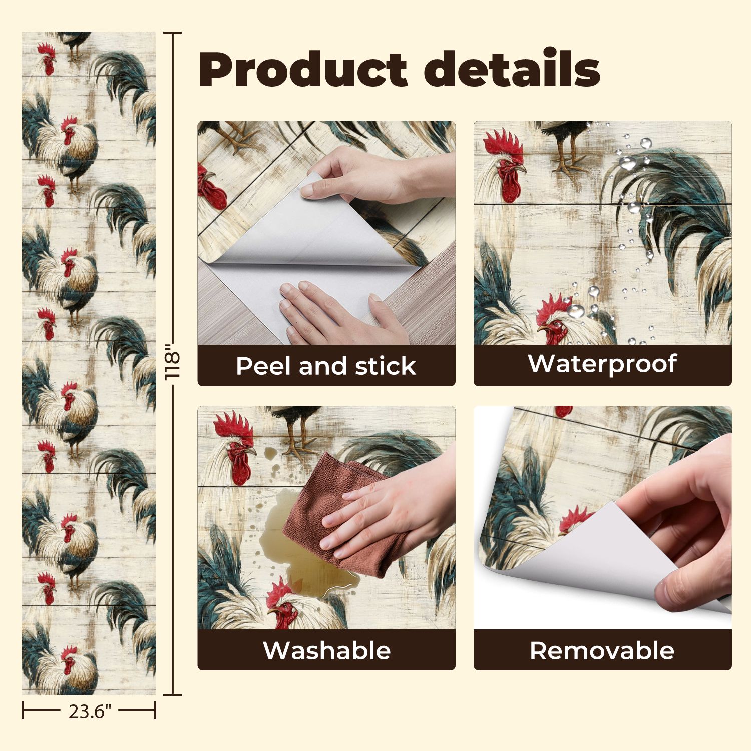 Farmhouse Peel and Stick Wallpaper 23.6in x 9.8ft Vintage Roosters Weathered Wood Planks Red Comb Contact Paper Vinyl Waterproof Self Adhesive Wall Paper for Bedroom Shelf Cabinet Renter Friendly