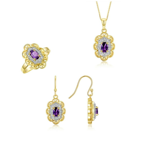 RYLOS Matching Jewelry Yellow Gold Plated Silver Floral Halo Design: Pendant Necklace, Earrings & Ring. Gemstone & Genuine Diamonds, 18" Chain. 6X4MM Amethyst February Birthstone; Size 5