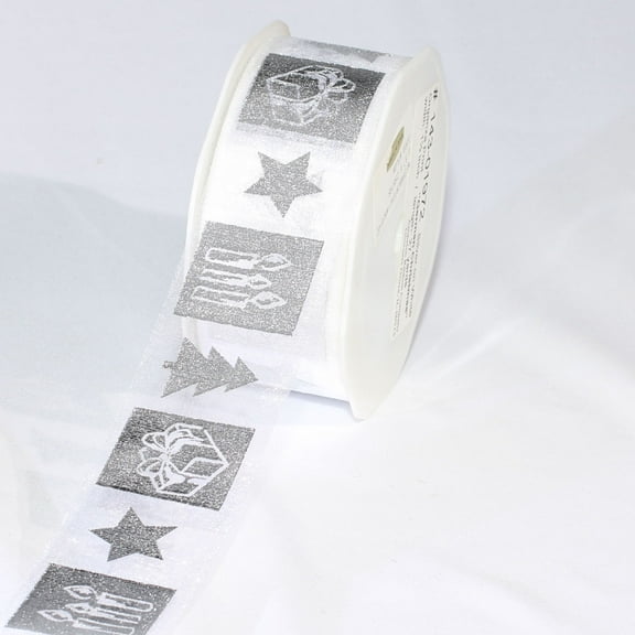 The Ribbon People White and Silver Colored German Christmas Print Organza Craft Ribbon 1.5" x 54
