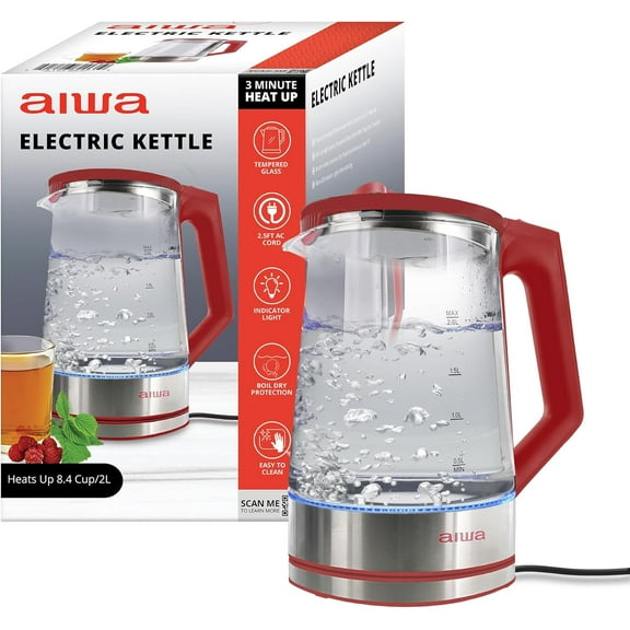 Aiwa 2-Liter Glass Electric Water Kettle, Cordless Hot Water Boiler with Auto-Shutoff, Red