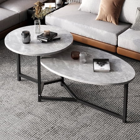 FETCOI Modern Nesting Coffee Table Set of 2, Grey Marbling Nesting End Side Tables MDF Tabletop with Metal Legs Large Accent Tables for Living Room Bedroom Kitchen