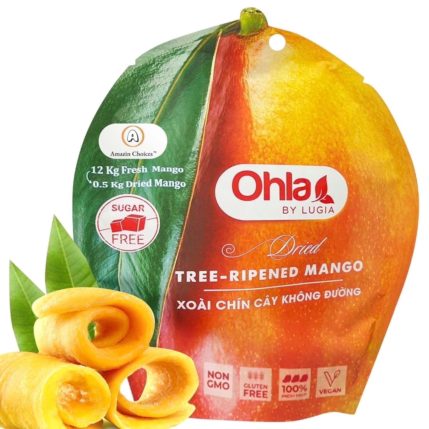 (5 pack) Amazin Choices Dried Tree-Ripened Mango Slices, Sugar-Free, Vegan, Gluten-Free, Fruit Snack, 7.05 oz