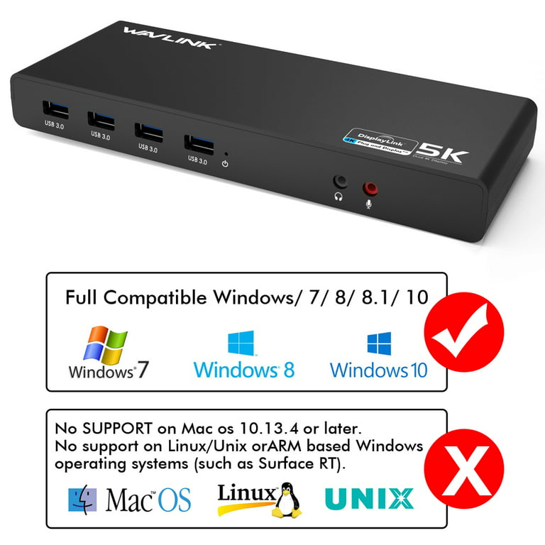 WAVLINK USB 3.0 Universal Laptop Station,USB C to 5K/ Dual 4K @60Hz Video Dual Monitor for Windows and Mac,(2 HDMI & 2 DP, Gigabit Ethernet, 6 USB 3.0,Audio ) - Walmart.com