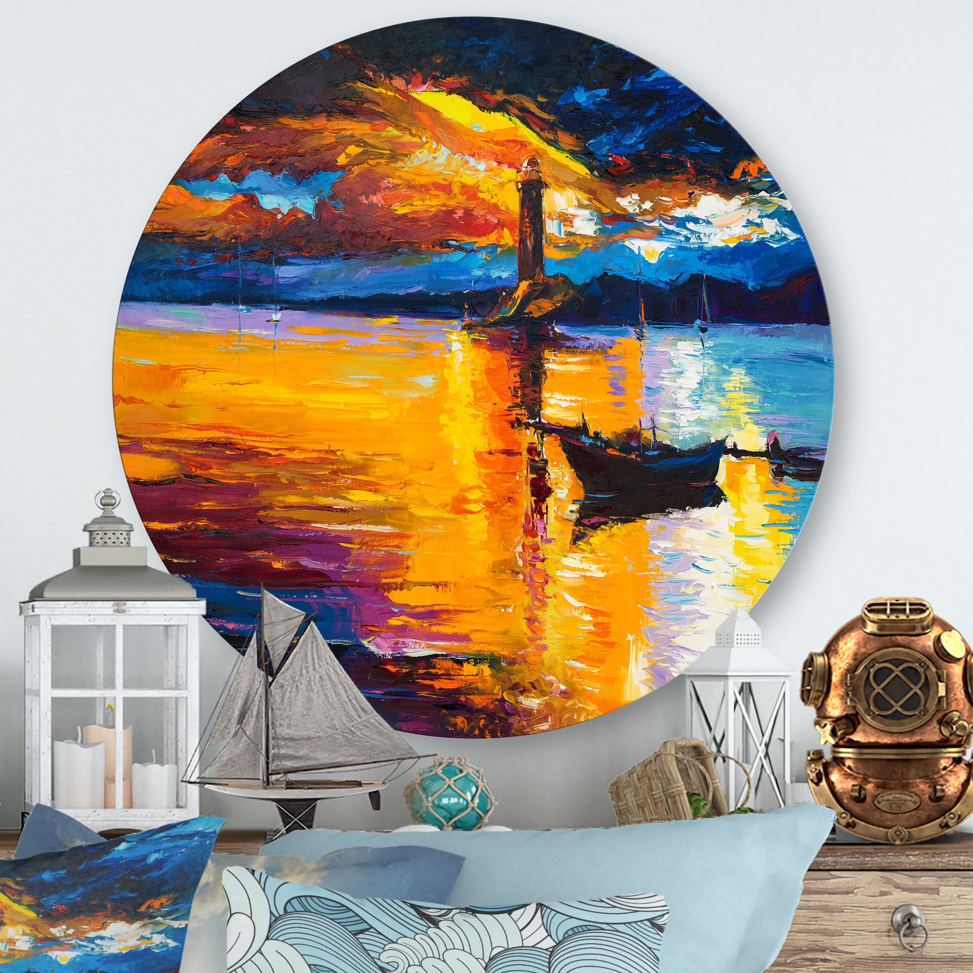 Designart 'Little Boat By Lighthouse During Evening Glow' Nautical & Coastal Circle Metal Wall Art 11x11 - Disc of 11