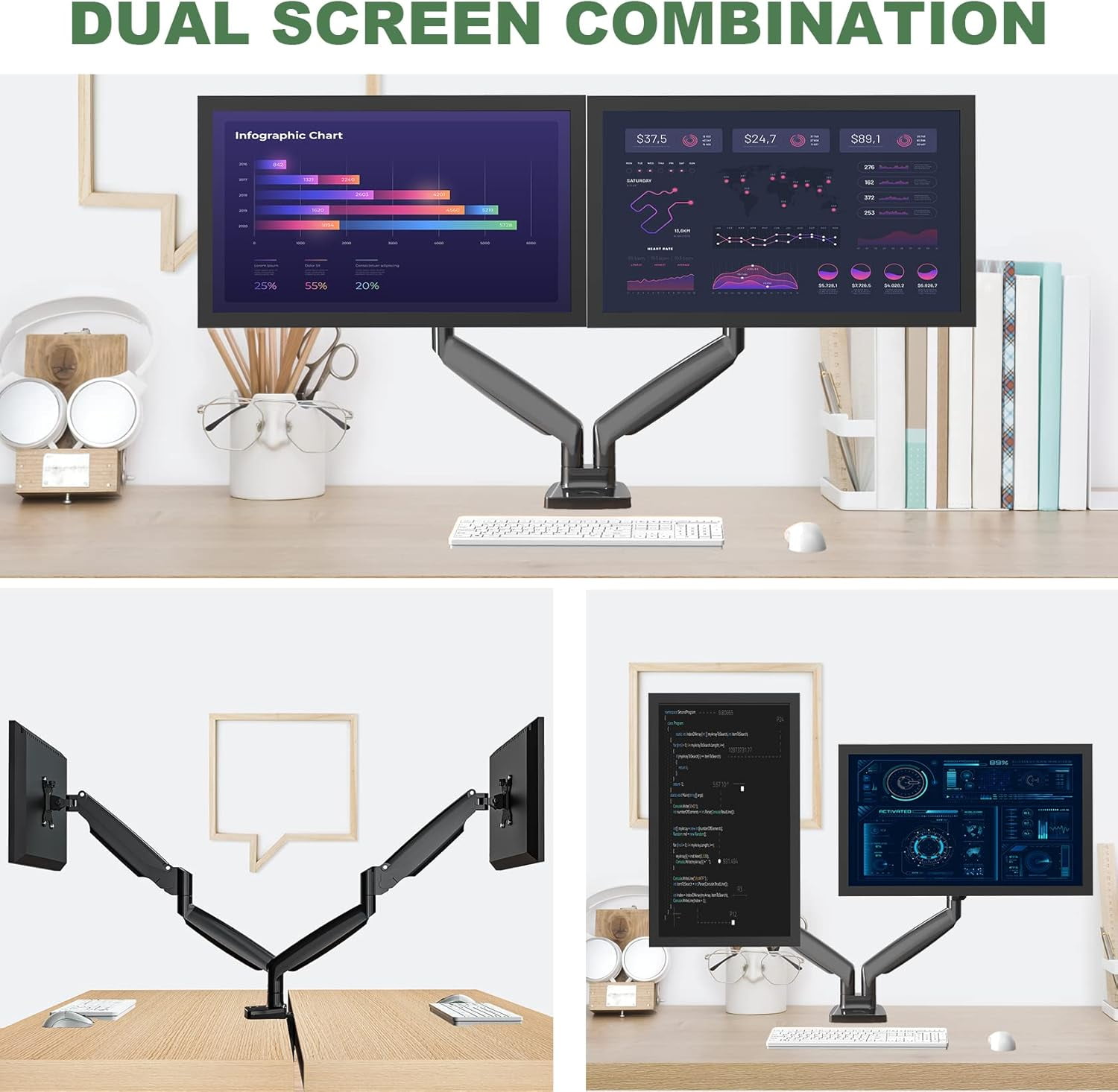 Dual Monitor Mount for Two Ultrawide 22-35 Inch Screens, Fully Adjustable Gas Spring Double Arm Stand with VESA 75x75/100x100mm, Holds 26.5lbs Each, Clamp & Bolt Mount