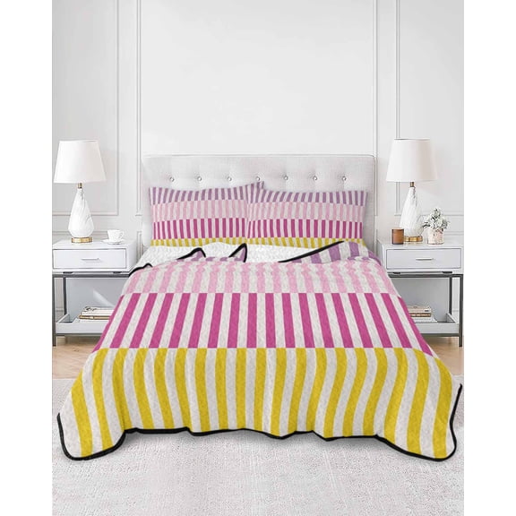 Quilts King Size, Colorful Stripe Soft Comforter Bedding Set for Bed, Modern Pink Purple Yellow Vertical Striped Lightweight Quilted Bedspread with Pillow Cover(2 Pieces) for All Season, 96x106 Inch