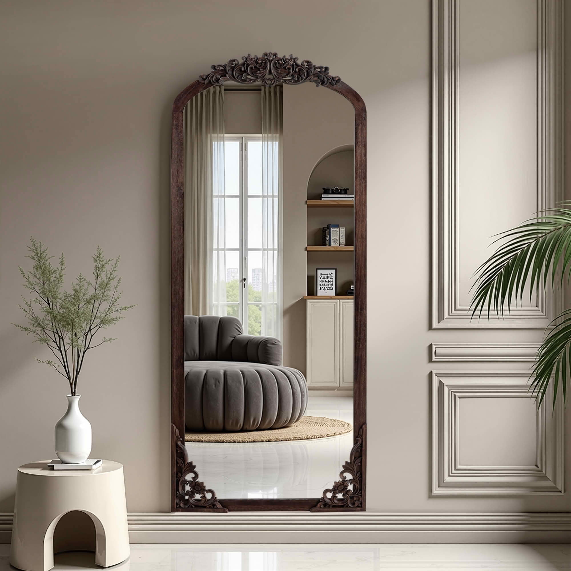 MAYEERTY 67x28x1 Inch Charcoal Carved Wood Right Angle Slightly Arched Full Length Mirror, No Stand for Bedroom