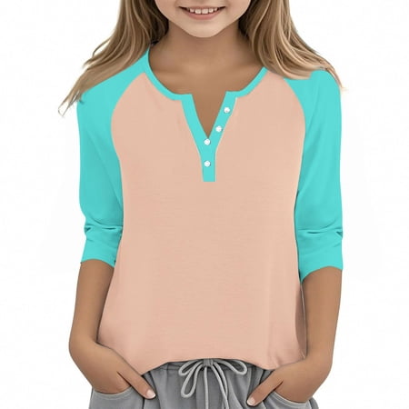 longantii Girls 3/4 Sleeve Tops Henley Shirts Solid Color T-Shirts Summer Button V-Neck Henley Shirt Casual Tunic Blouses 6-7 Years Cyan
