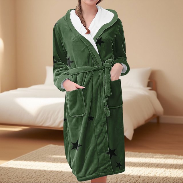 Women's Star Print Fleece Bathrobe, Long Length Plush Robe, Soft Cozy Loungewear, Knee Length Gown with Pockets, Comfortable Spa Style Robe for Women Green L