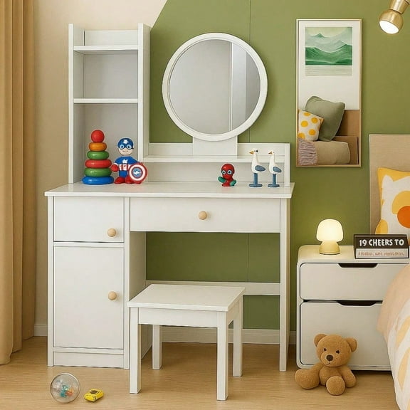 White Vanity Table, Dressing Table with 3 Drawers and LED Mirrors, Girlish Style,  Youth Bedroom(No Chair)