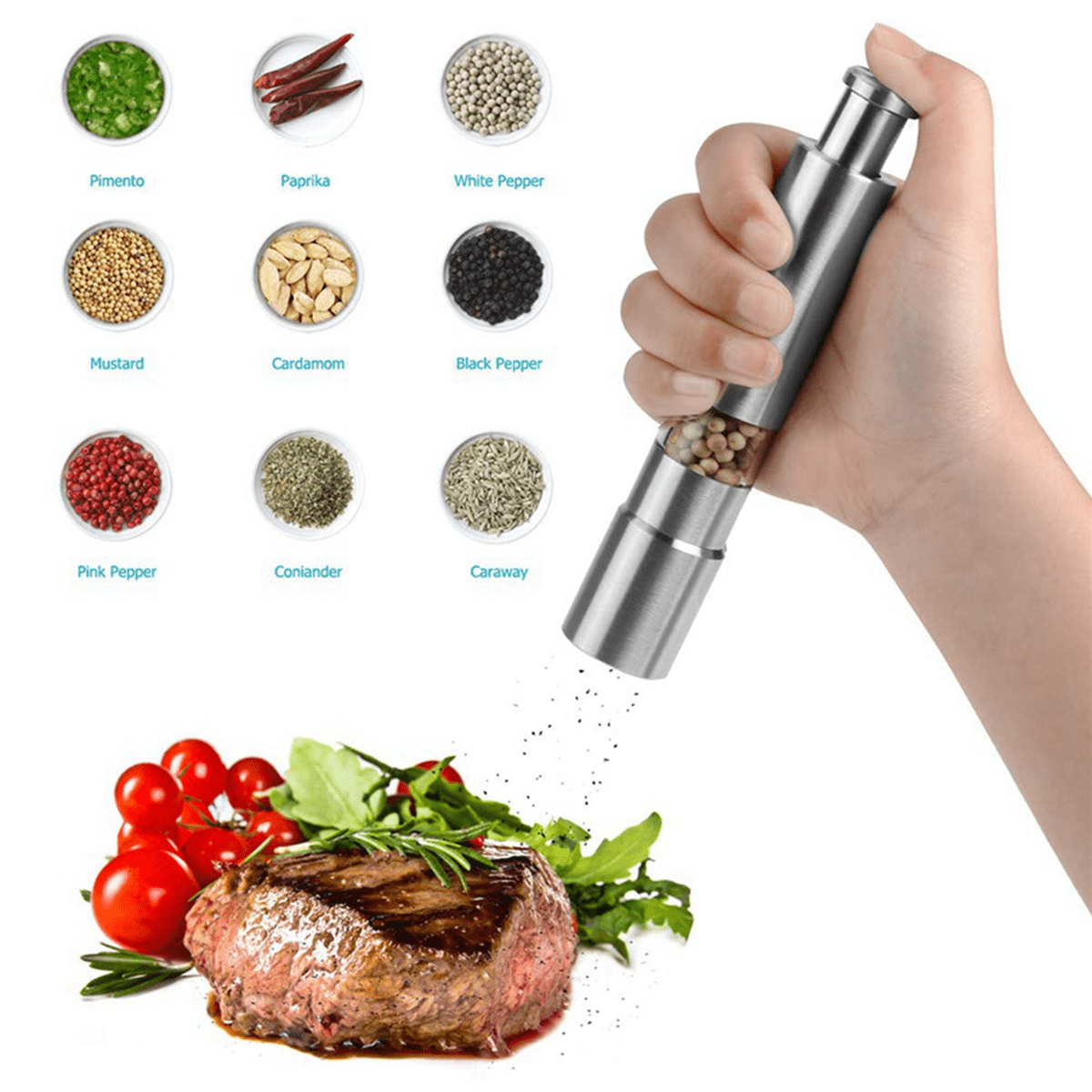 Salt and Pepper Mill Set, Stainless Steel Salt and Pepper Grinder One Hand Operation Salt and Pepper Mill 10Pack