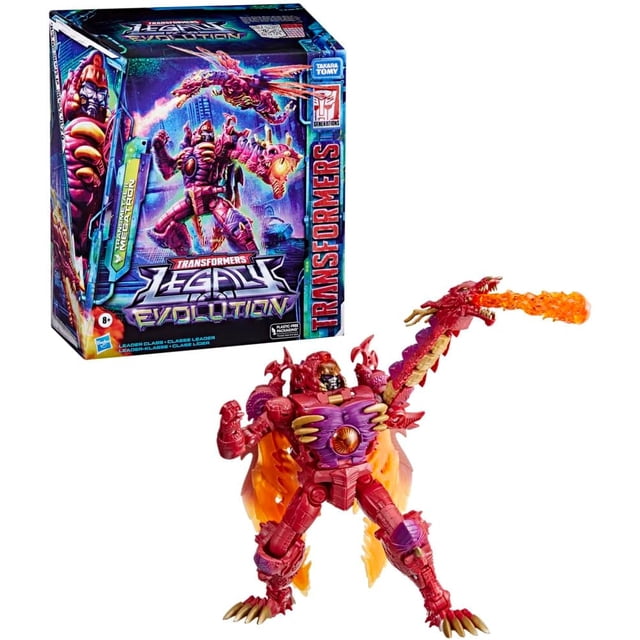 transformers toys legacy evolution leader transmetal ii megatron toy, 8.5-inch, action figure for boys and girls ages 8 and up Figura de acción Transmetal II Megatron de 8.5 pulgadas en vista frontal centrada; silueta híbrida robot-dragón con brazo alargado que forma cabeza de dragón y efecto de llamas naranja acoplable; plástico multicolor (rojo, magenta, dorado), articulaciones visibles, garras y piezas translúcidas naranjas; caja del producto visible al fondo izquierdo; a menudo se usa como figura de exhibición.