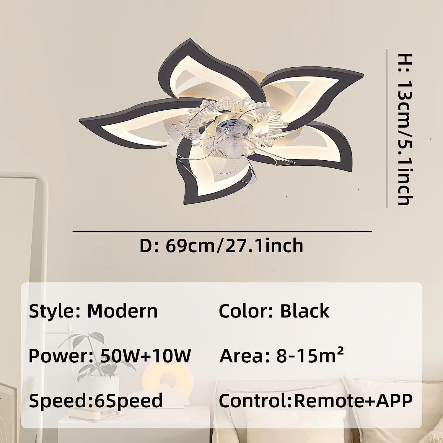 JLPAN Ceiling Fan with Lights Remote Control, Modern Dimmable Flower Shape,6 Speeds 3 Light Color Flush Mount Ceiling Fan for Kitchen Bedrooms, Black