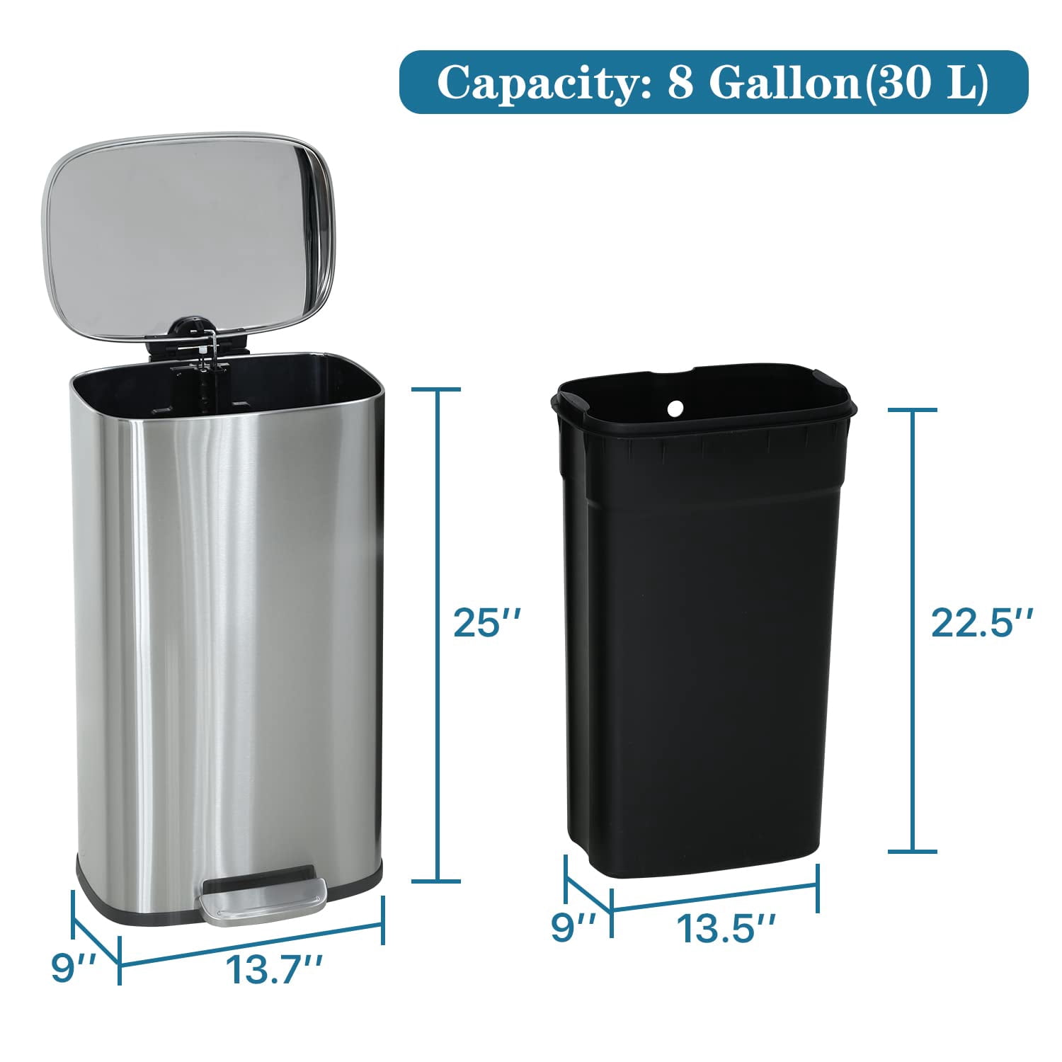10-Gallon/45L Kitchen Trash Can with Lid, Featuring a Removable Inner Bucket, Pedal-Activated Stainless Steel Trash Bin (Silver) for Office and Bathroom Use
