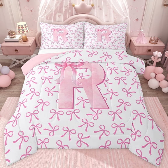 jejeloiu Cute Personalized Gifts Twin Comforter Sets,First Letter R Bedding Set For Bow Lover Reversible 2pcs