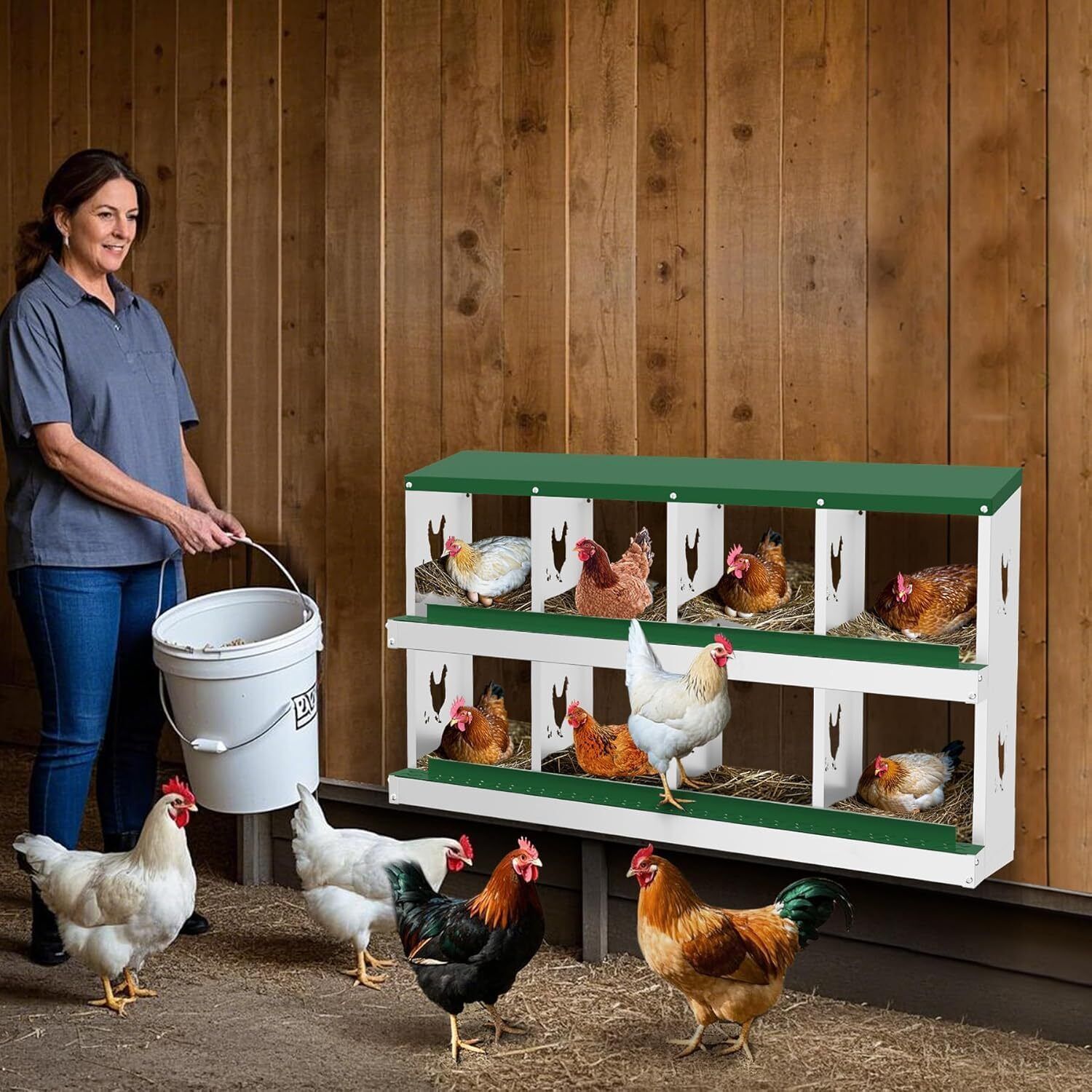 SparkTrend Nesting Boxes for Chickens, 8 Compartment Chicken Nesting Box, Metal Chicken Laying Boxes with Perch, Secure Lid, Versatile Wall Mount or Free Standing for Hens, Green