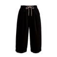 thumbnail image 2 of CUSTG Women Casual Pants 3/4 Capri Trousers Summer With Pockets Elastic Waistband High Waist Trousers Loose Lightweight Leisure Style Linen Pants Women, 2 of 2