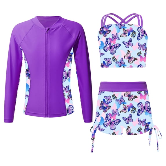 YONGHS Girls 3 Piece Rash Guard Tankini Set Floral Bikini with Long Sleeve Zip Shirt Swimwear Bathing Suit Purple-B 12